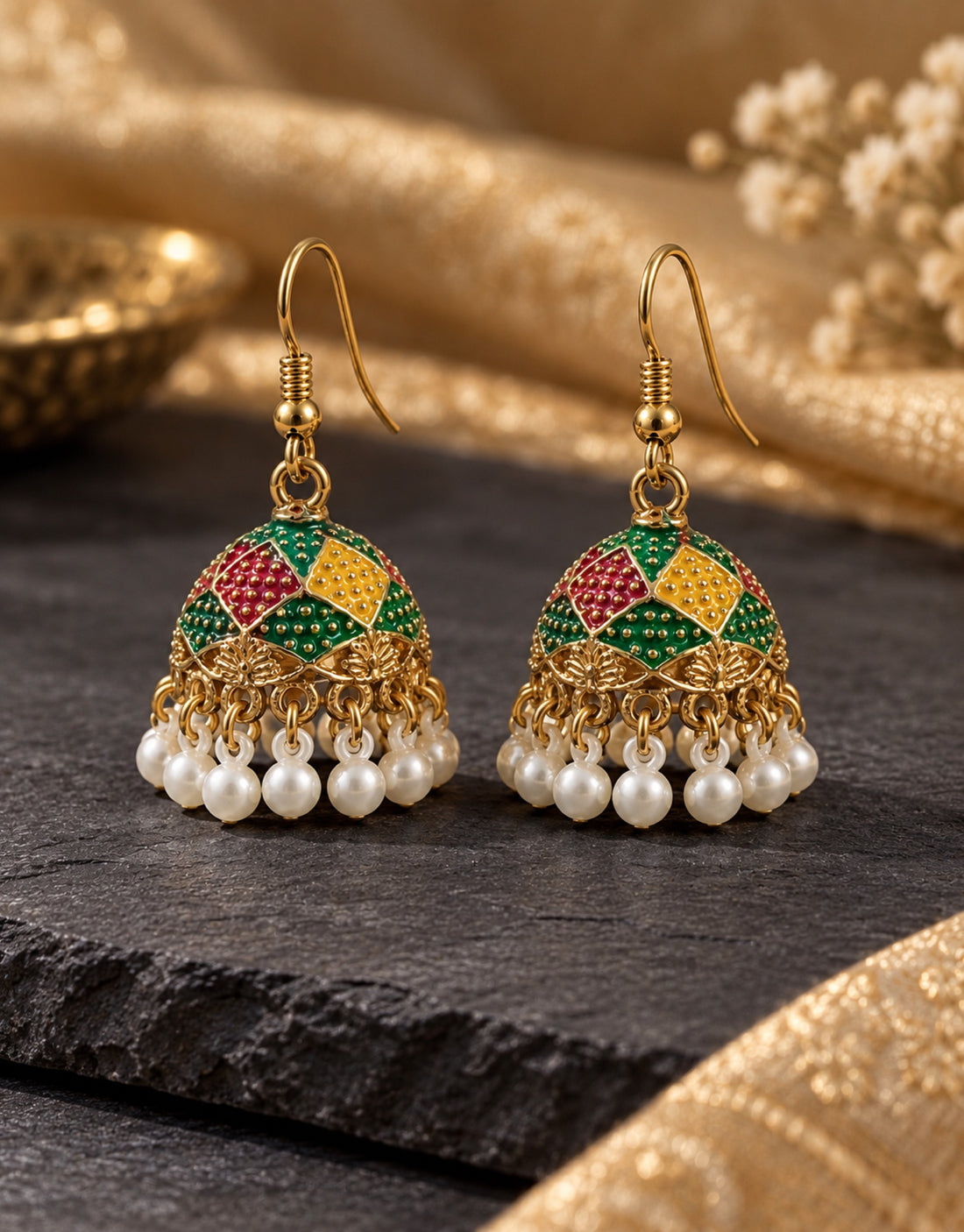 Orneza Harlequin Enamel Jhumka Earrings with Pearls — styled view