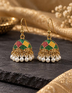 Orneza Harlequin Enamel Jhumka Earrings with Pearls — styled view