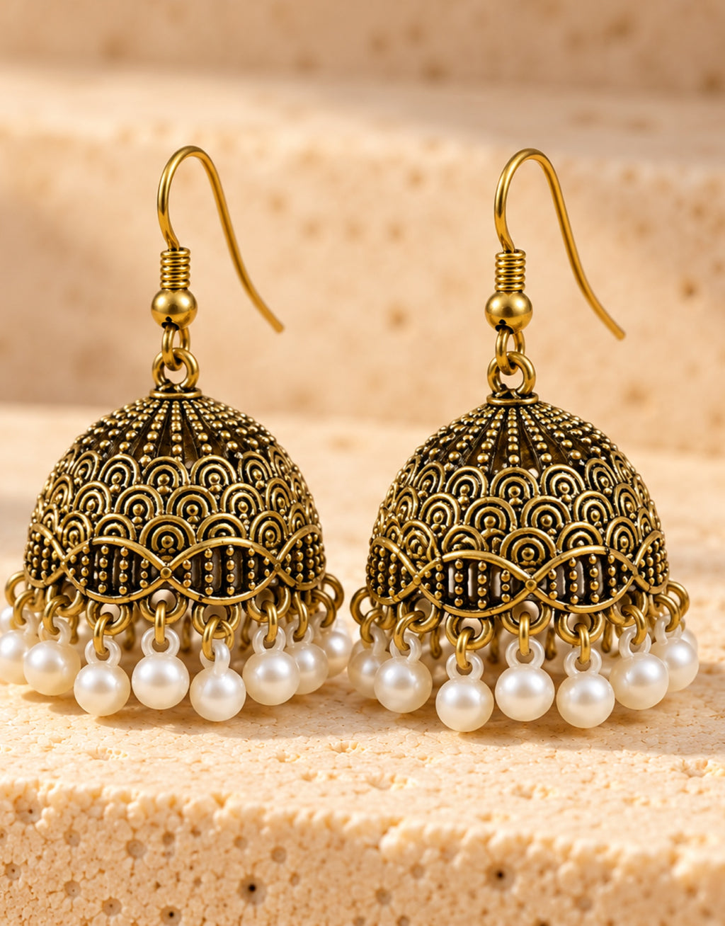 Orneza Antique Gold-Tone Scallop Pattern Jhumka Earrings with Pearls — front view