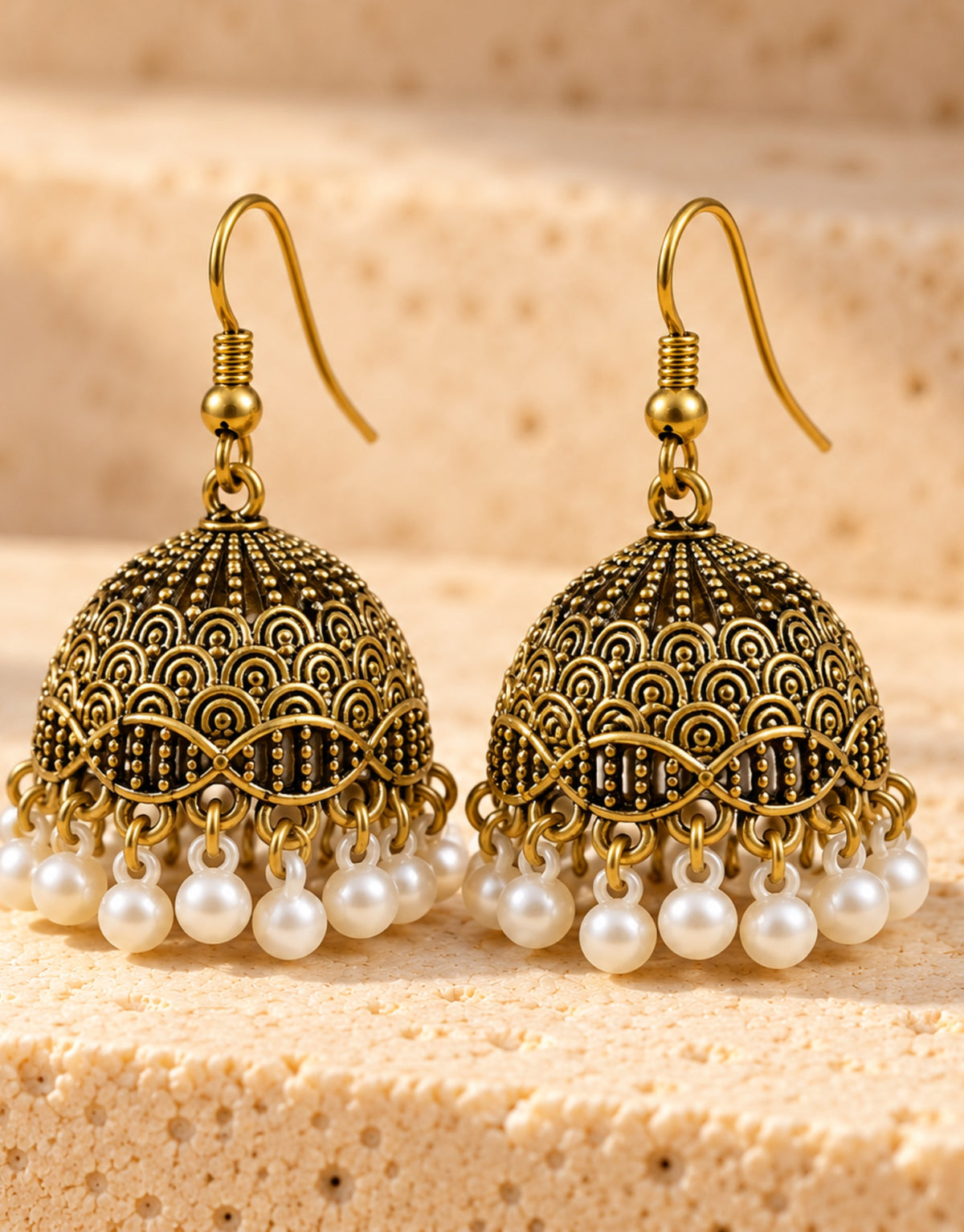Orneza Antique Gold-Tone Scallop Pattern Jhumka Earrings with Pearls — front view