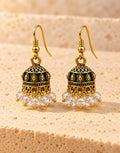 Orneza Antique Gold-Tone Mini Jhumka Earrings with Clear Crystal Beads — front view