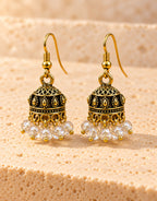 Orneza Antique Gold-Tone Mini Jhumka Earrings with Clear Crystal Beads — front view