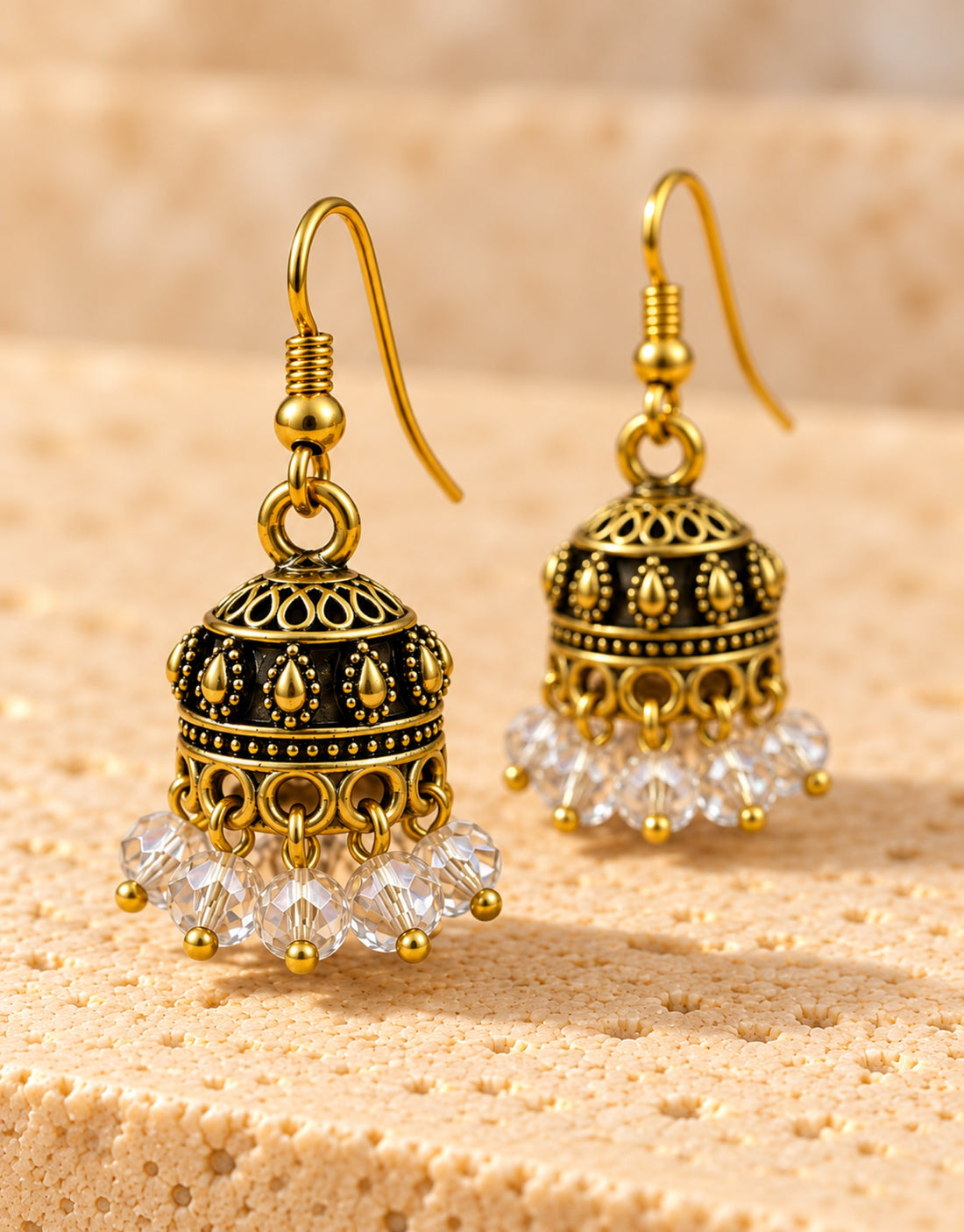 Orneza Antique Gold-Tone Mini Jhumka Earrings with Clear Crystal Beads — close-up detail