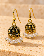 Orneza Antique Gold-Tone Mini Jhumka Earrings with Clear Crystal Beads — close-up detail
