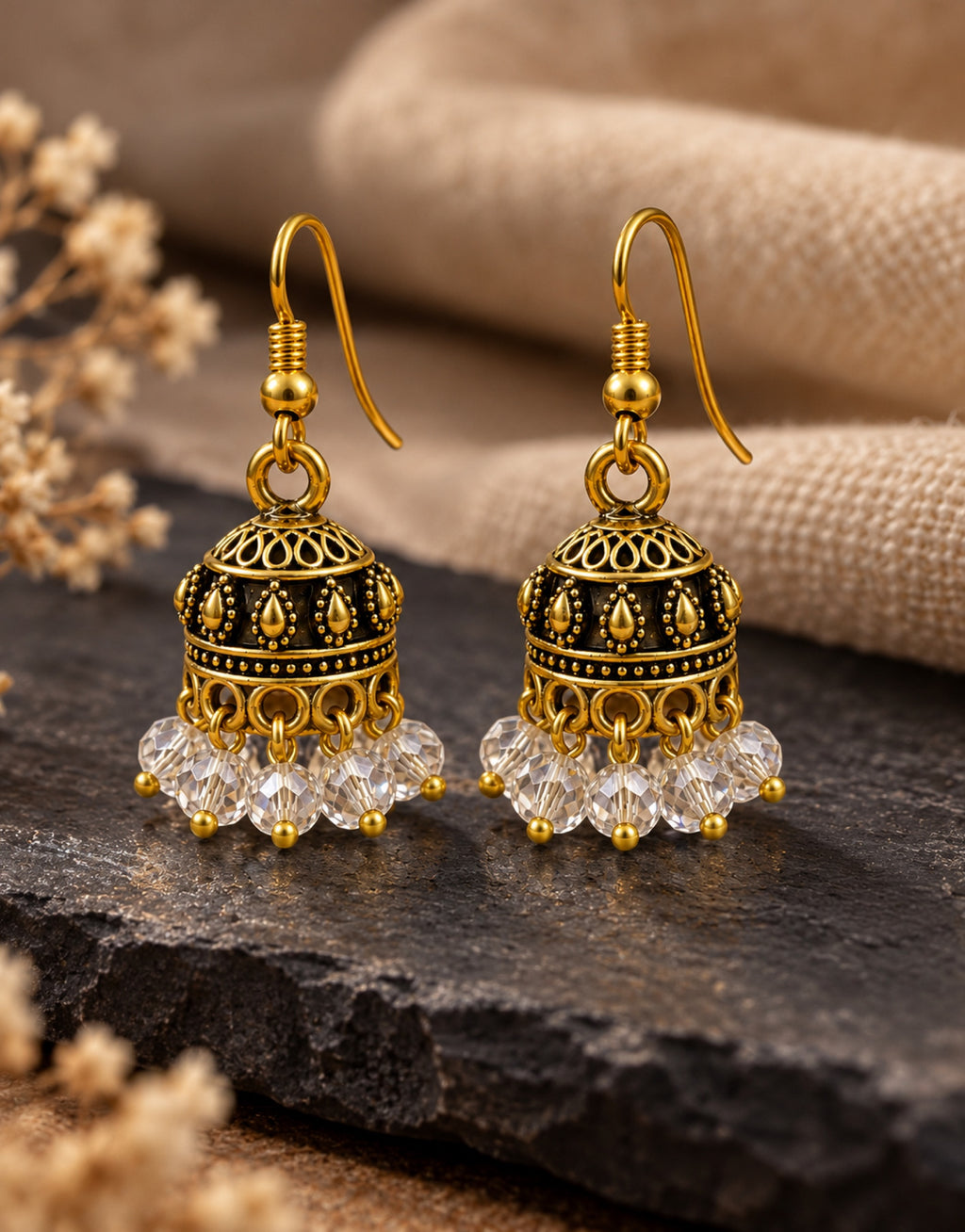 Orneza Antique Gold-Tone Mini Jhumka Earrings with Clear Crystal Beads — styled view
