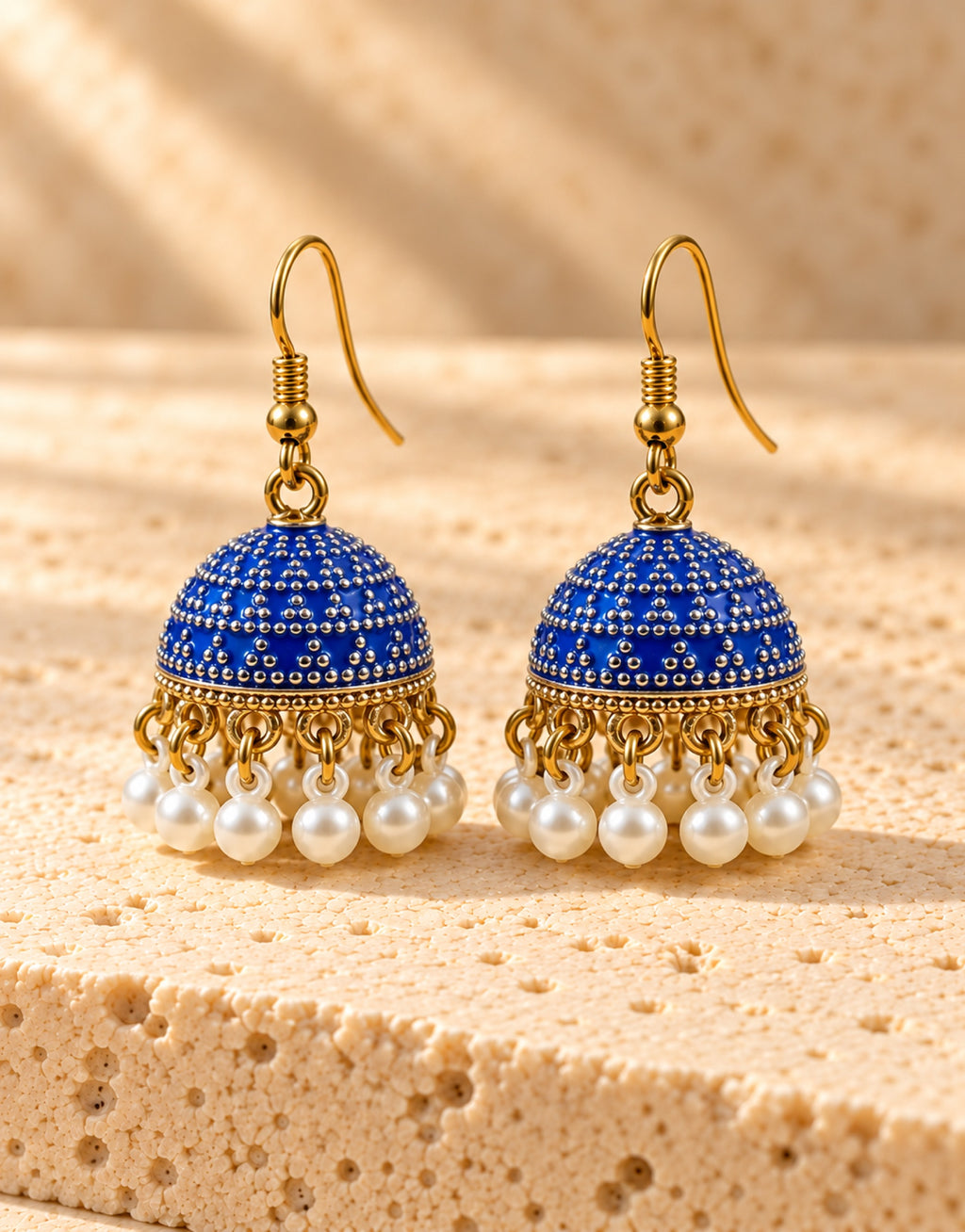 Orneza Royal Blue Dotted Enamel Jhumka Earrings with Pearls — front view