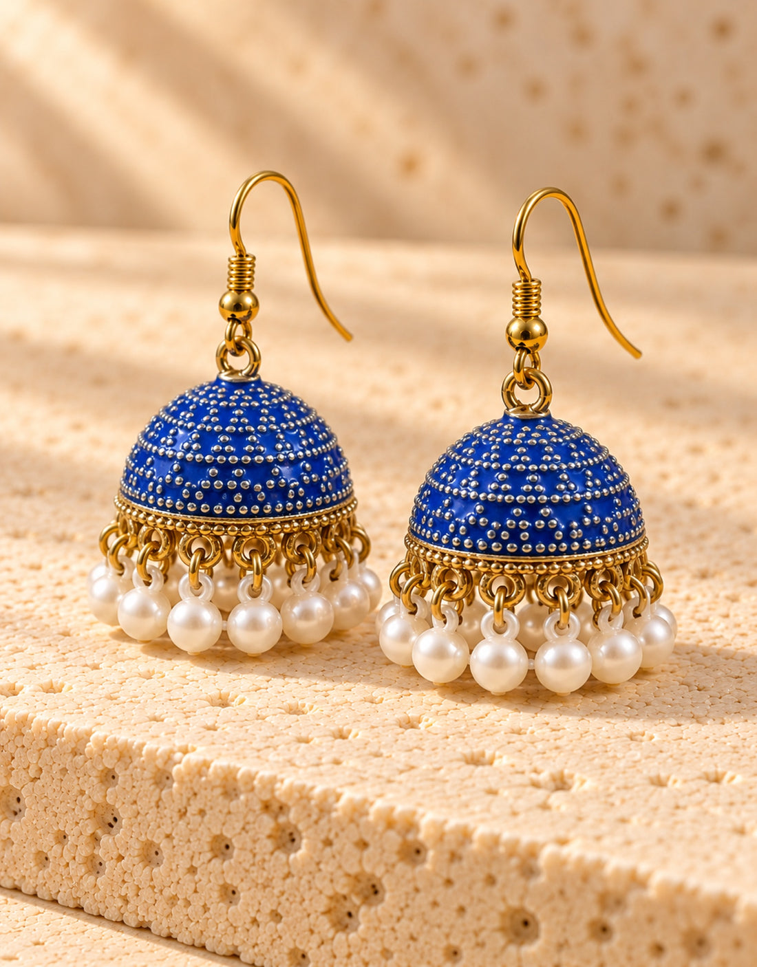 Orneza Royal Blue Dotted Enamel Jhumka Earrings with Pearls — angle view