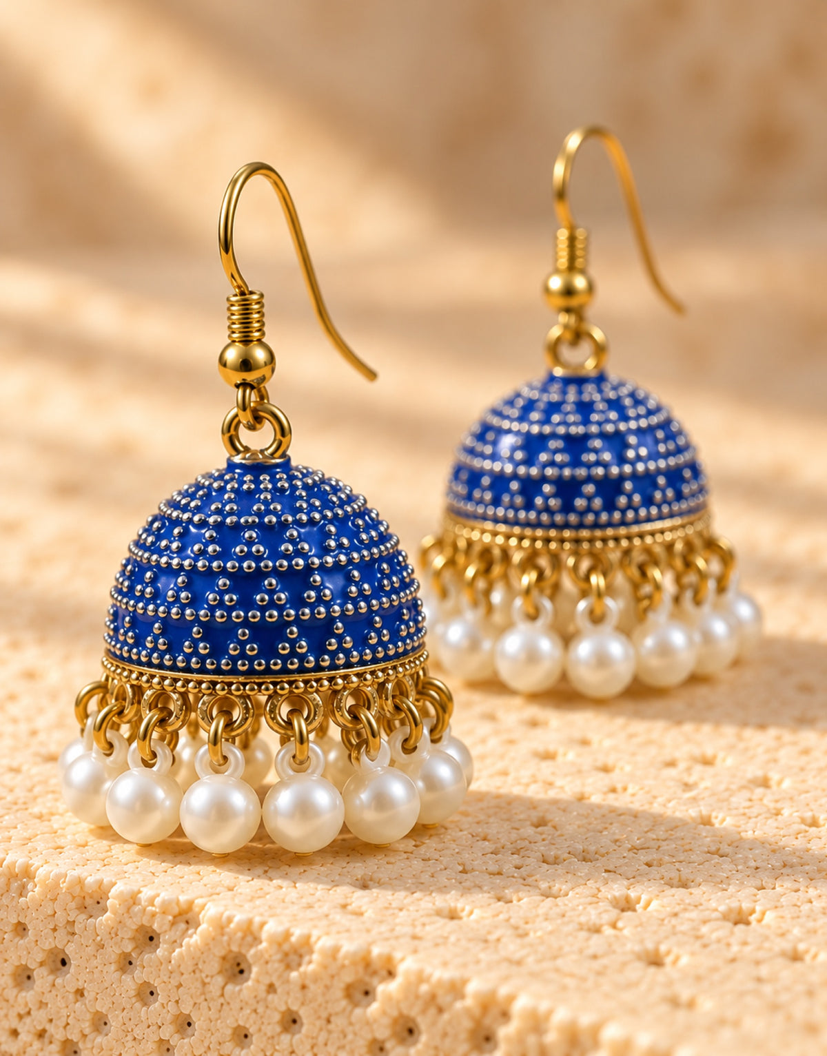Orneza Royal Blue Dotted Enamel Jhumka Earrings with Pearls — close-up detail