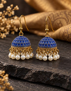 Orneza Royal Blue Dotted Enamel Jhumka Earrings with Pearls — styled view