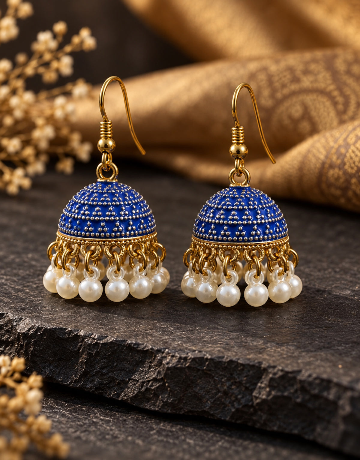 Orneza Royal Blue Dotted Enamel Jhumka Earrings with Pearls — styled view