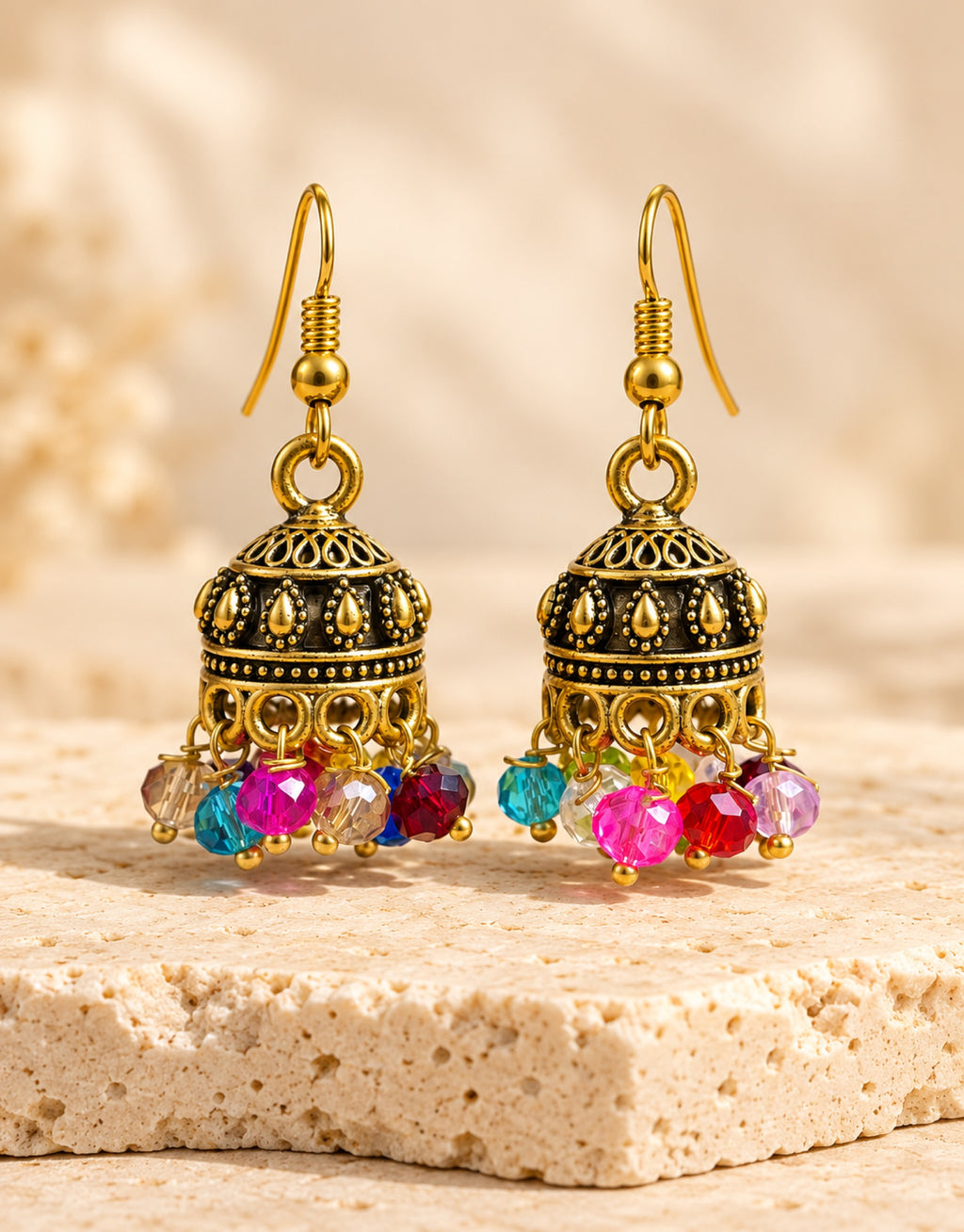 Orneza Antique Gold-Tone Mini Jhumka Earrings with Multicolour Beads — front view