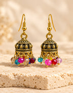 Orneza Antique Gold-Tone Mini Jhumka Earrings with Multicolour Beads — front view
