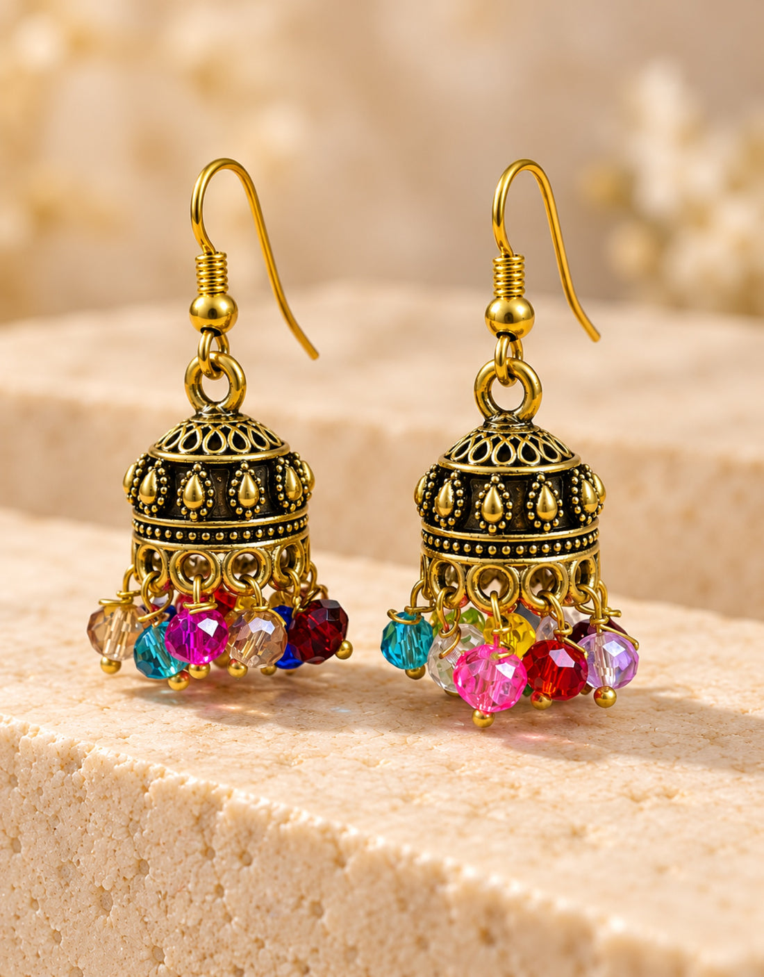 Orneza Antique Gold-Tone Mini Jhumka Earrings with Multicolour Beads — angle view