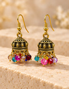 Orneza Antique Gold-Tone Mini Jhumka Earrings with Multicolour Beads — angle view