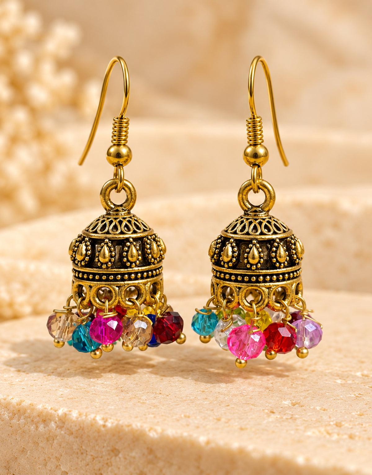 Orneza Antique Gold-Tone Mini Jhumka Earrings with Multicolour Beads — close-up detail