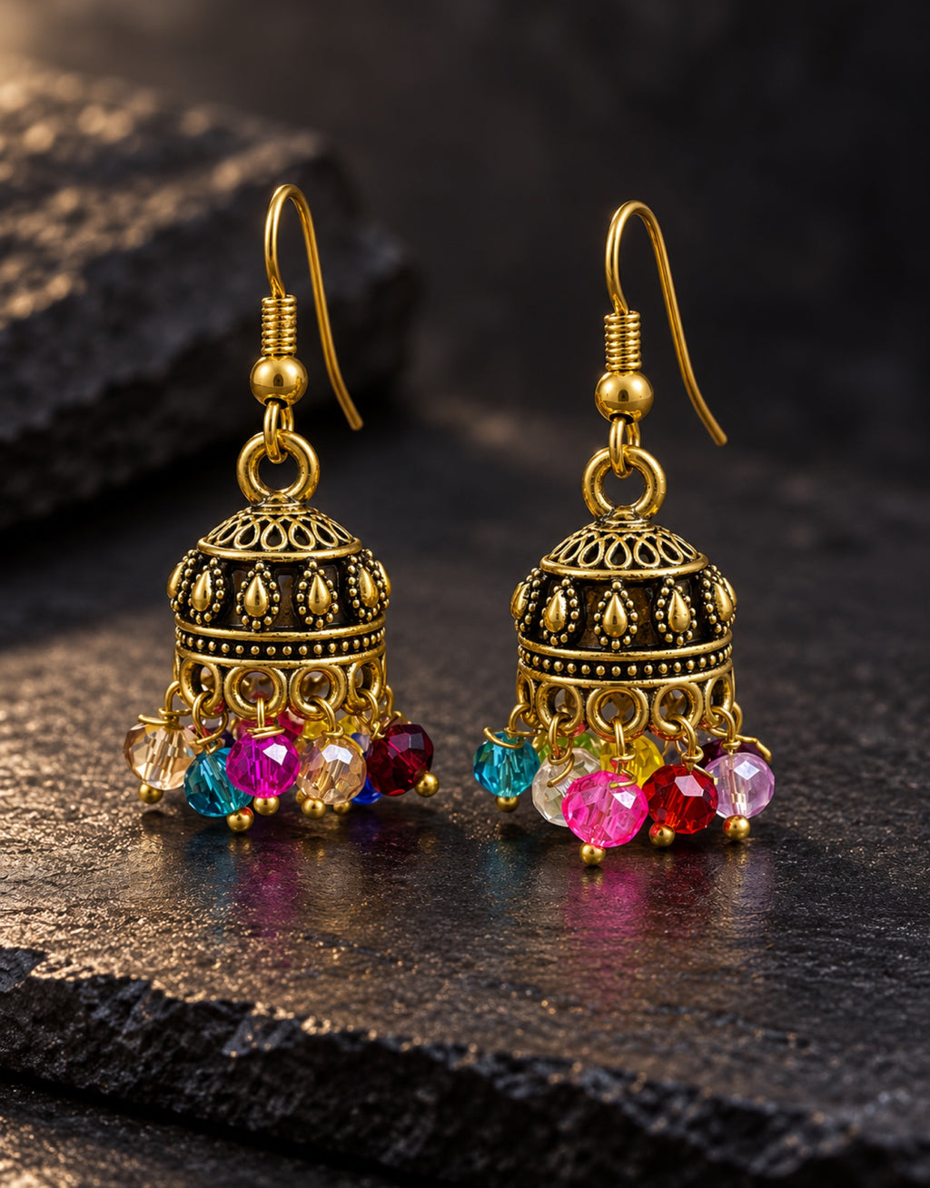 Orneza Antique Gold-Tone Mini Jhumka Earrings with Multicolour Beads — styled view