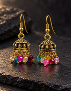 Orneza Antique Gold-Tone Mini Jhumka Earrings with Multicolour Beads — styled view