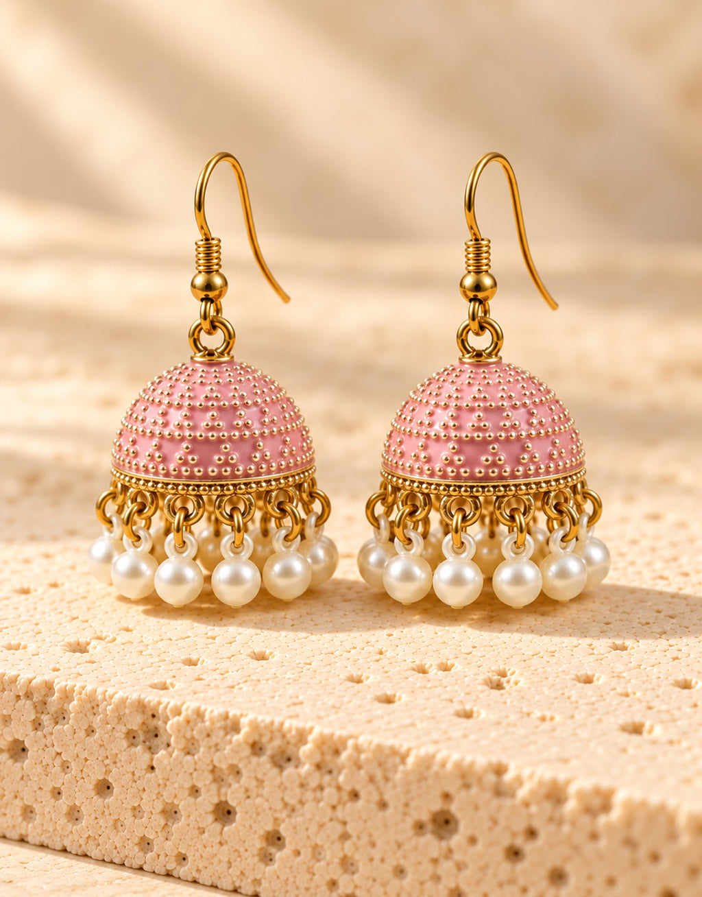 Orneza Pastel Pink Dotted Enamel Jhumka Earrings with Pearls — front view