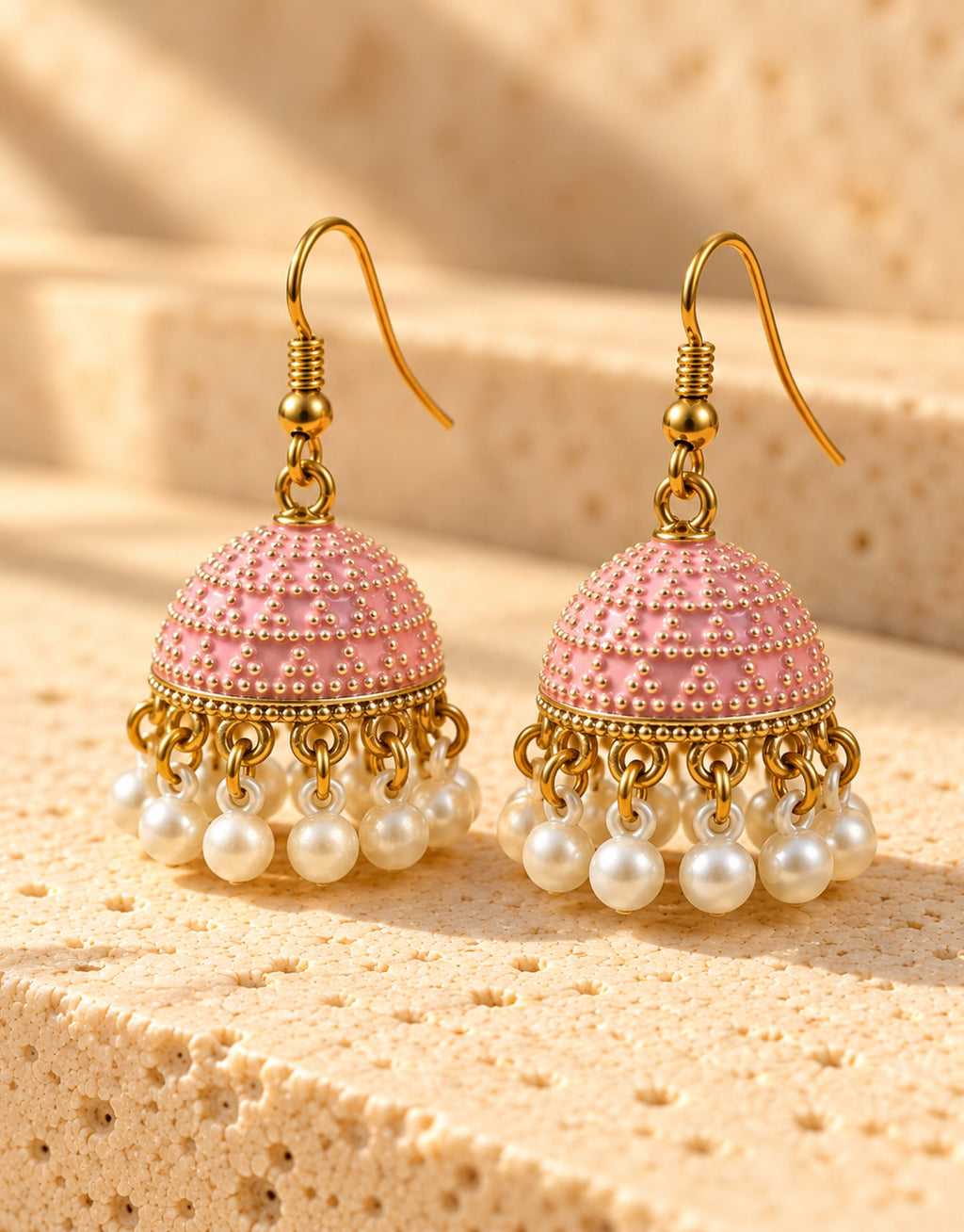 Orneza Pastel Pink Dotted Enamel Jhumka Earrings with Pearls — angle view