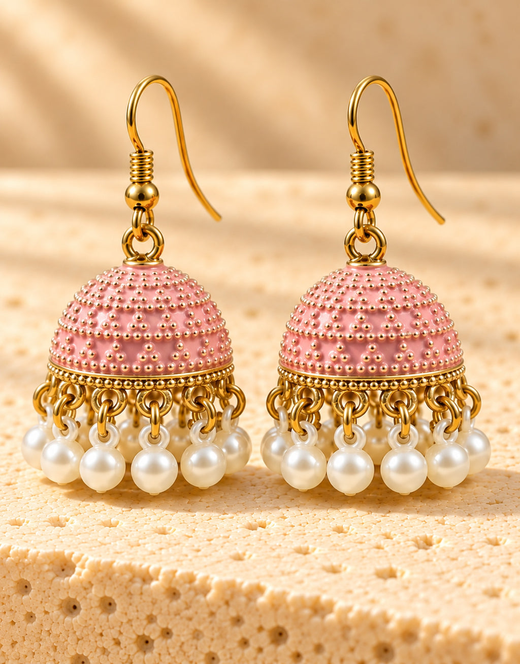 Orneza Pastel Pink Dotted Enamel Jhumka Earrings with Pearls — close-up detail