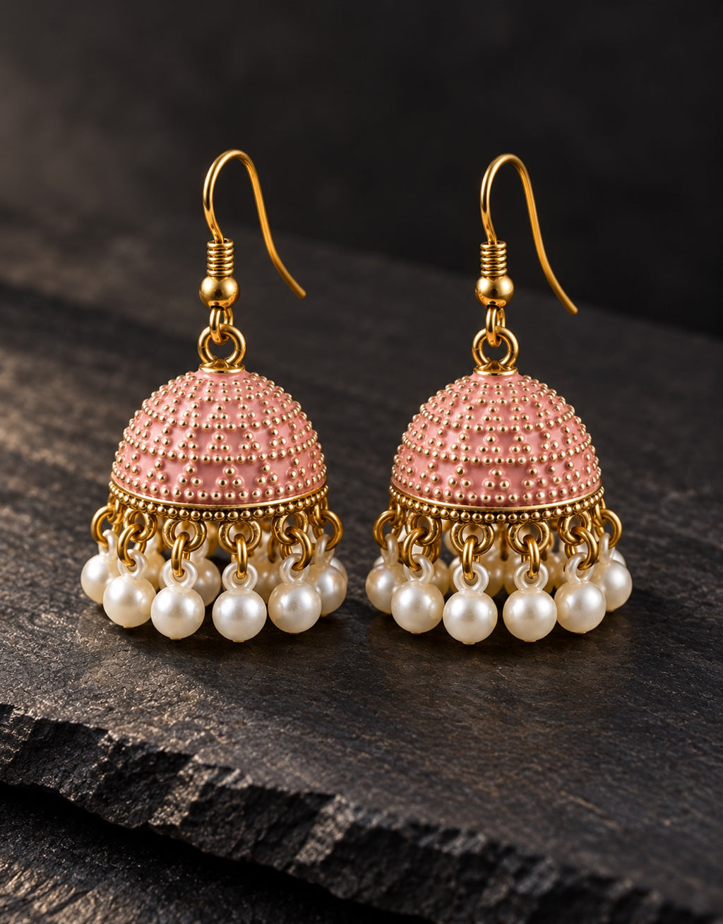 Orneza Pastel Pink Dotted Enamel Jhumka Earrings with Pearls — styled view