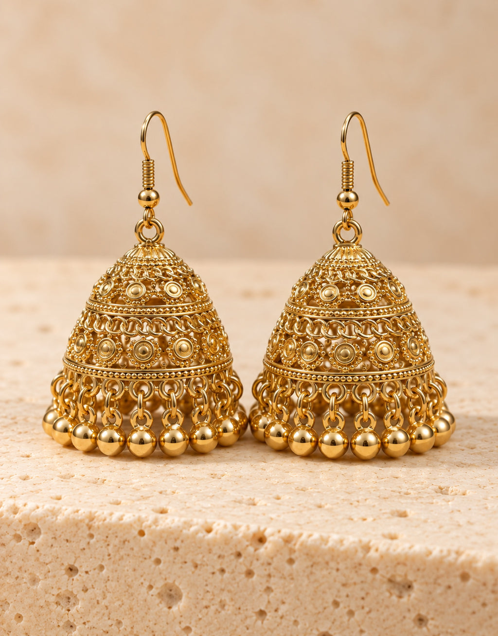 Orneza Gold-Tone Tiered Filigree Jhumka Earrings with Gold Beads — front view