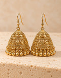 Orneza Gold-Tone Tiered Filigree Jhumka Earrings with Gold Beads — front view