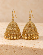 Orneza Gold-Tone Tiered Filigree Jhumka Earrings with Gold Beads — front view