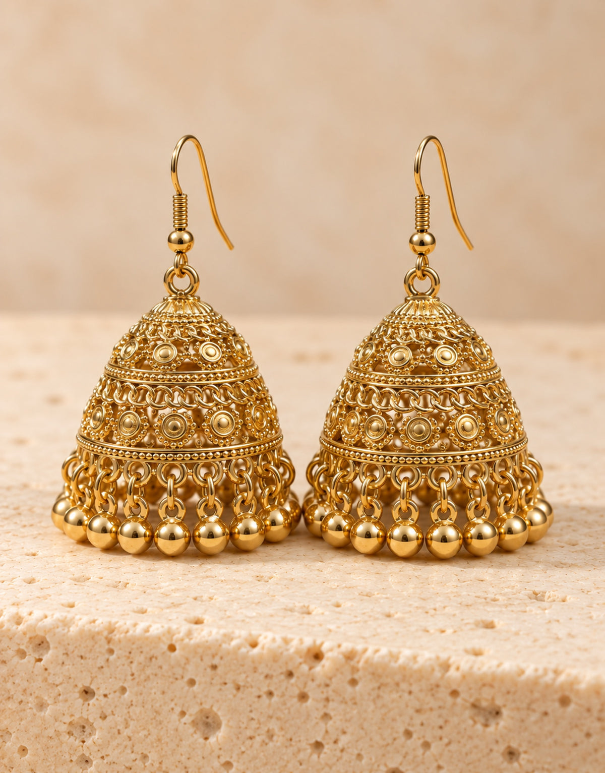 Orneza Gold-Tone Tiered Filigree Jhumka Earrings with Gold Beads — front view