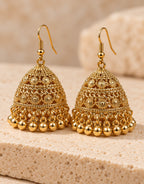 Orneza Gold-Tone Tiered Filigree Jhumka Earrings with Gold Beads — angle view