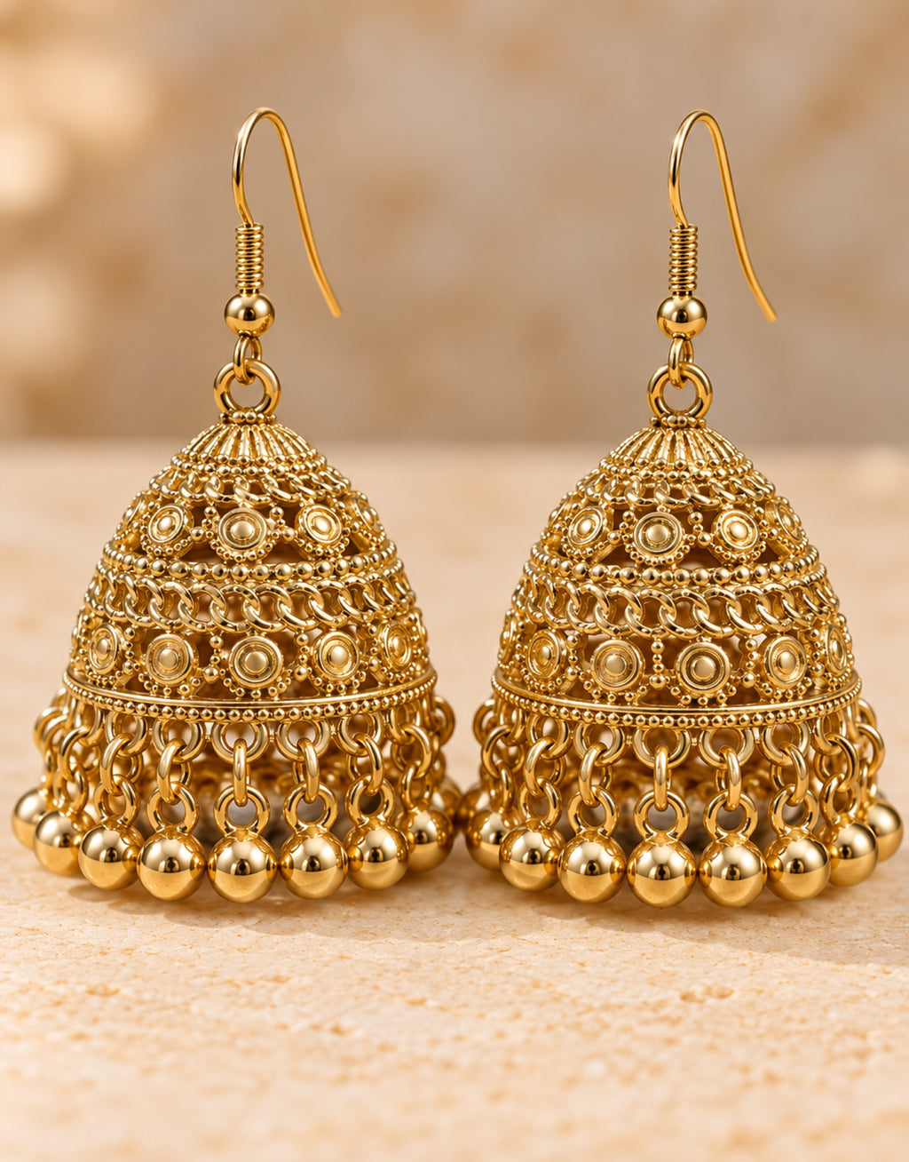 Orneza Gold-Tone Tiered Filigree Jhumka Earrings with Gold Beads — close-up detail