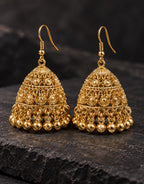 Orneza Gold-Tone Tiered Filigree Jhumka Earrings with Gold Beads — styled view