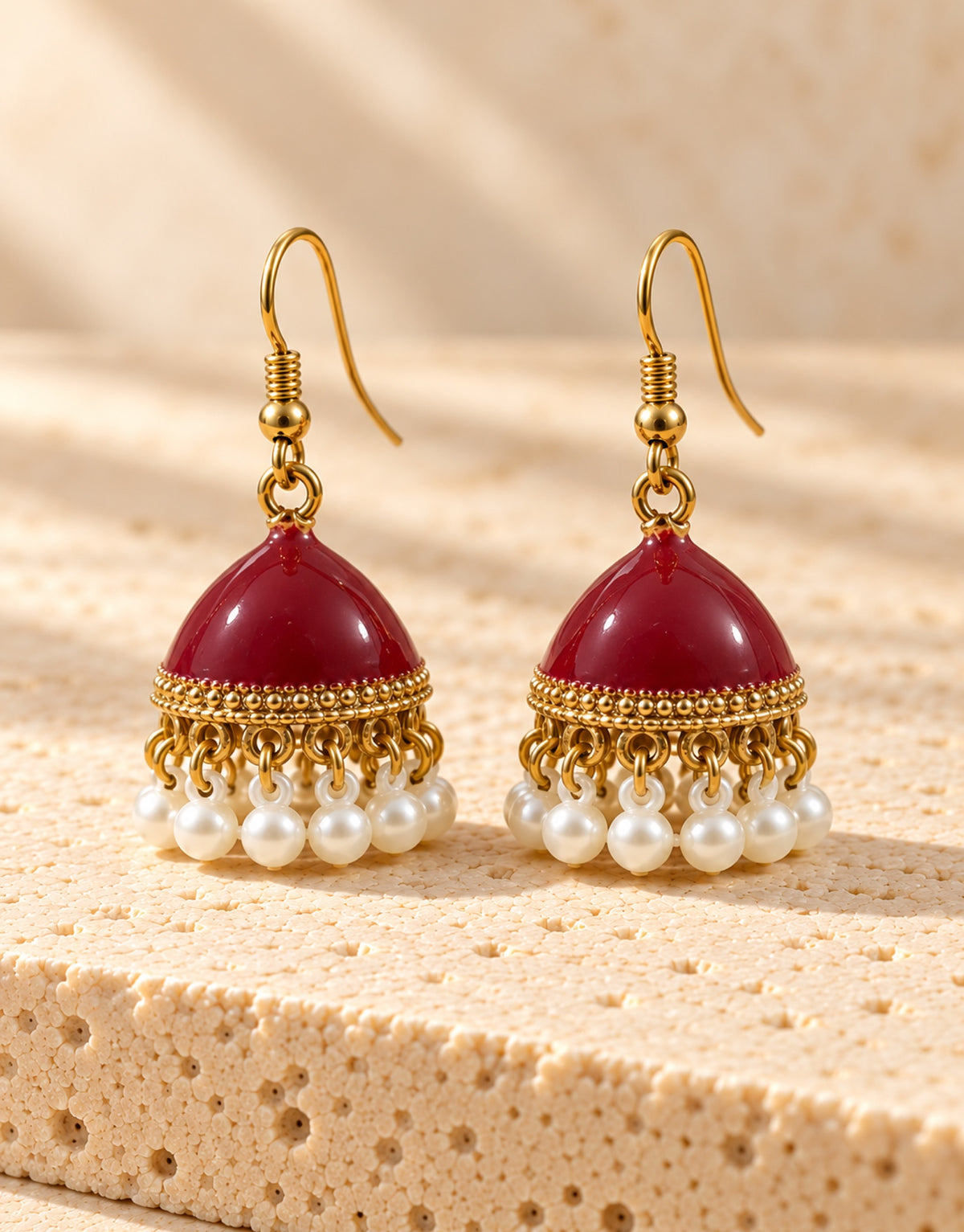 Orneza Maroon Enamel Jhumka Earrings with Pearls — front view