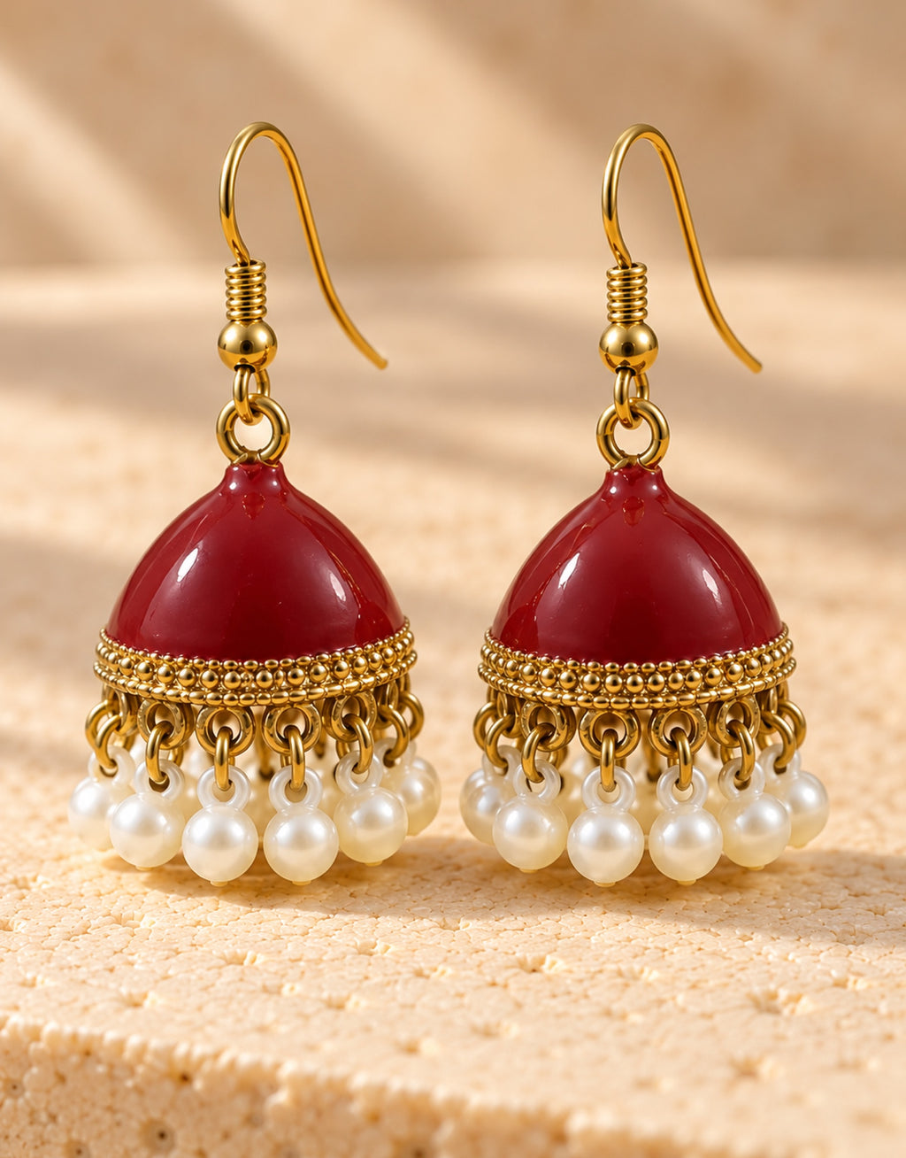 Orneza Maroon Enamel Jhumka Earrings with Pearls — close-up detail