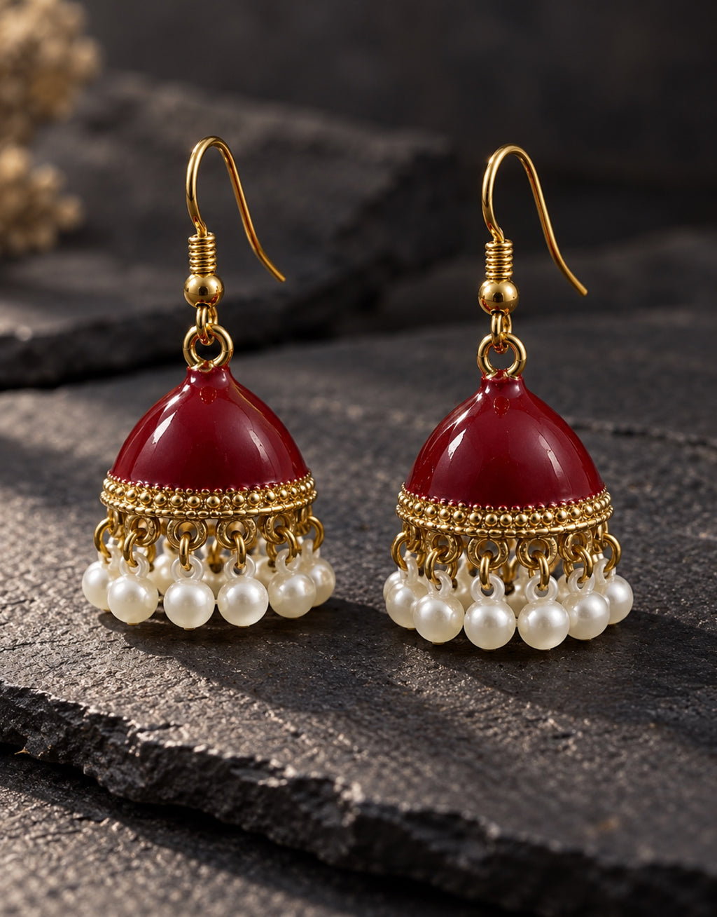 Orneza Maroon Enamel Jhumka Earrings with Pearls — styled view