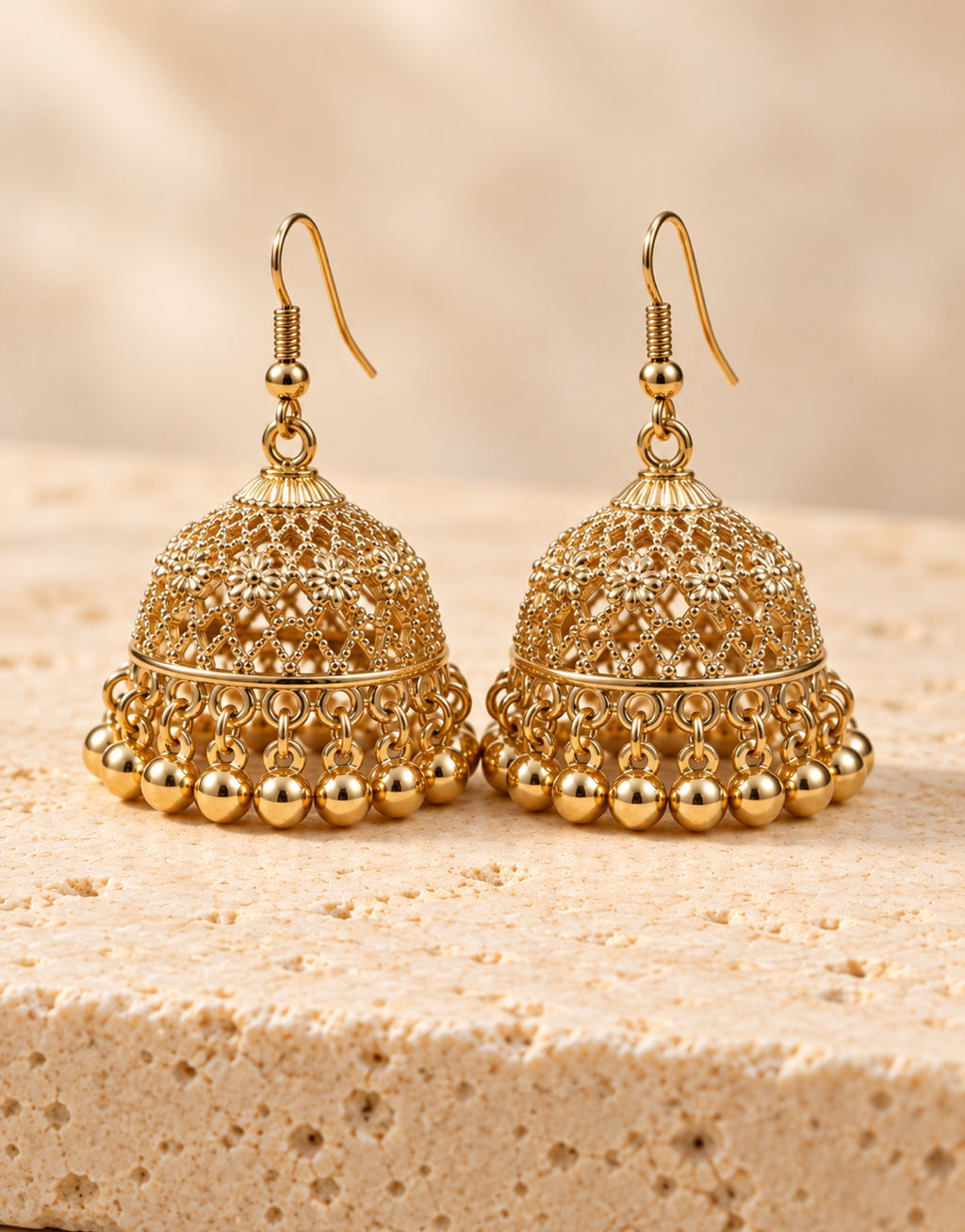 Orneza Gold-Tone Floral Lattice Jhumka Earrings with Gold Beads — front view