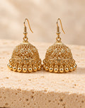 Orneza Gold-Tone Floral Lattice Jhumka Earrings with Gold Beads — front view
