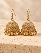 Orneza Gold-Tone Floral Lattice Jhumka Earrings with Gold Beads — front view
