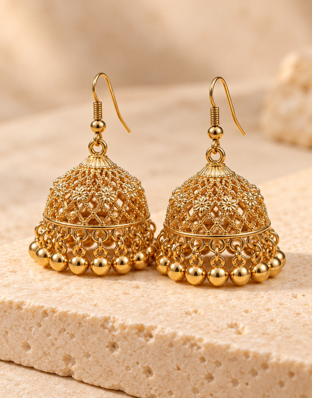 Orneza Gold-Tone Floral Lattice Jhumka Earrings with Gold Beads — angle view