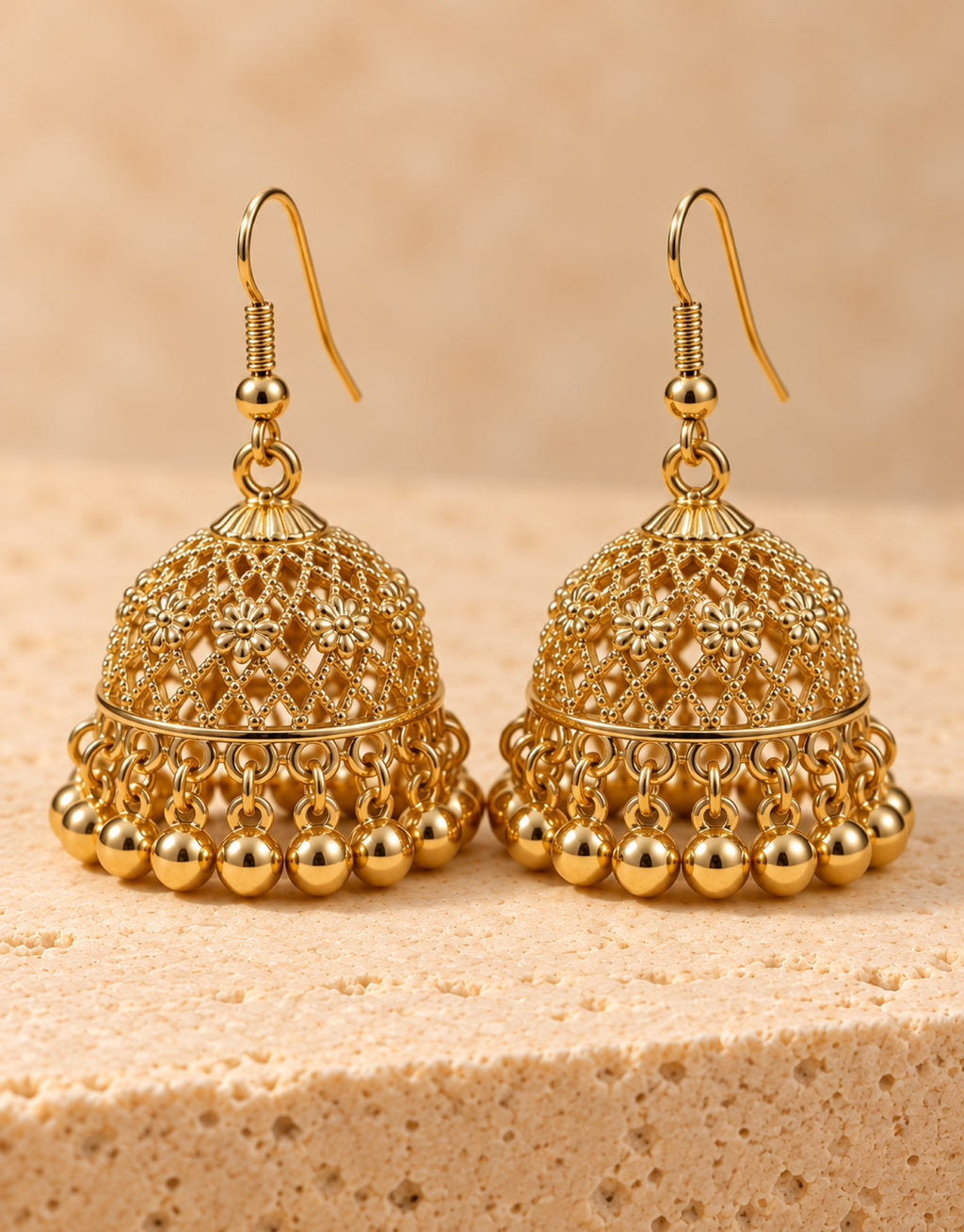 Orneza Gold-Tone Floral Lattice Jhumka Earrings with Gold Beads — close-up detail