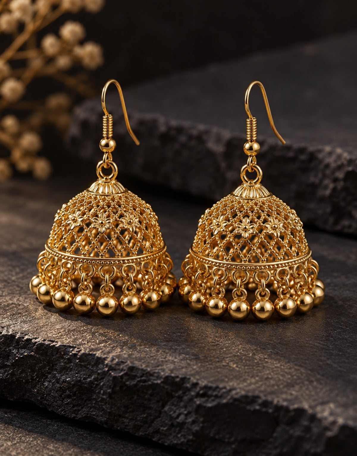 Orneza Gold-Tone Floral Lattice Jhumka Earrings with Gold Beads — styled view