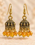 Orneza Antique Gold-Tone Mini Jhumka Earrings with Amber Beads — close-up detail