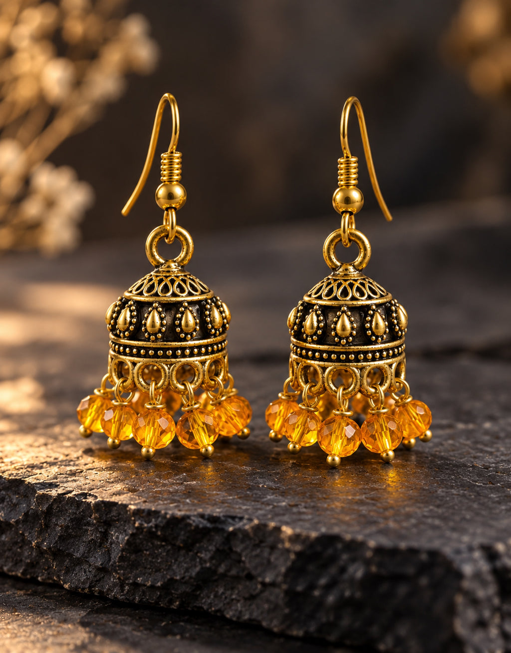 Orneza Antique Gold-Tone Mini Jhumka Earrings with Amber Beads — styled view