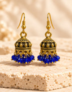Orneza Antique Gold-Tone Mini Jhumka Earrings with Cobalt Blue Beads — front view