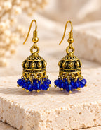 Orneza Antique Gold-Tone Mini Jhumka Earrings with Cobalt Blue Beads — angle view