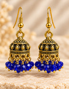 Orneza Antique Gold-Tone Mini Jhumka Earrings with Cobalt Blue Beads — close-up detail