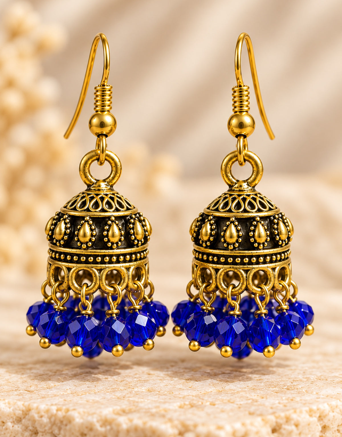 Orneza Antique Gold-Tone Mini Jhumka Earrings with Cobalt Blue Beads — close-up detail