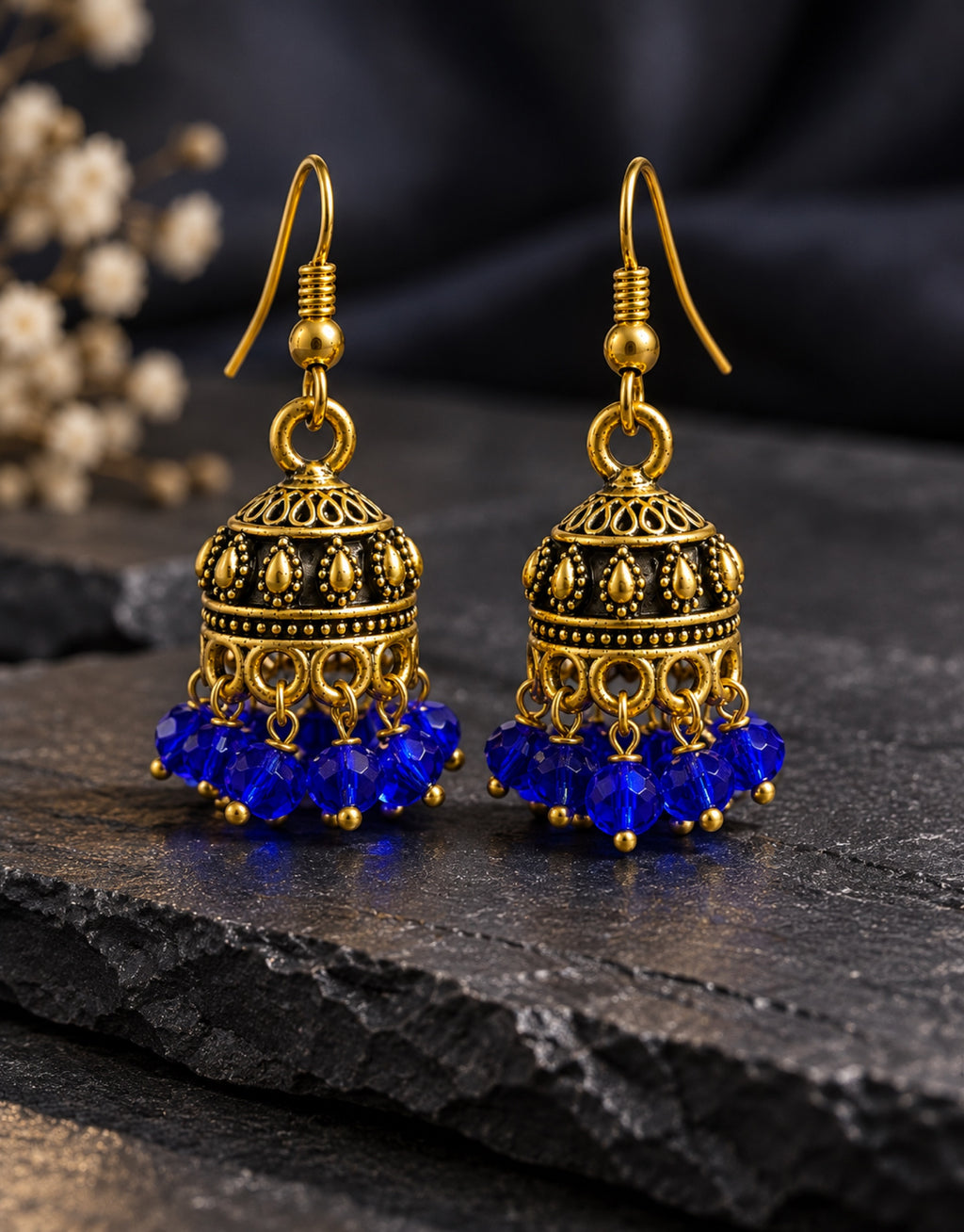 Orneza Antique Gold-Tone Mini Jhumka Earrings with Cobalt Blue Beads — styled view