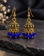 Orneza Antique Gold-Tone Mini Jhumka Earrings with Cobalt Blue Beads — styled view