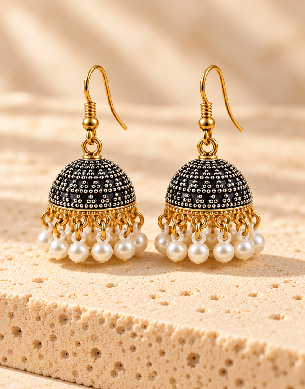 Orneza Black and Silver Dotted Jhumka Earrings with Pearls — front view